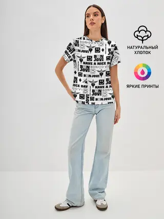 Женская базовая футболка / BON JOVI ЛОГОБОМБИНГ | БОН ДЖОВИ ПАТТЕРН