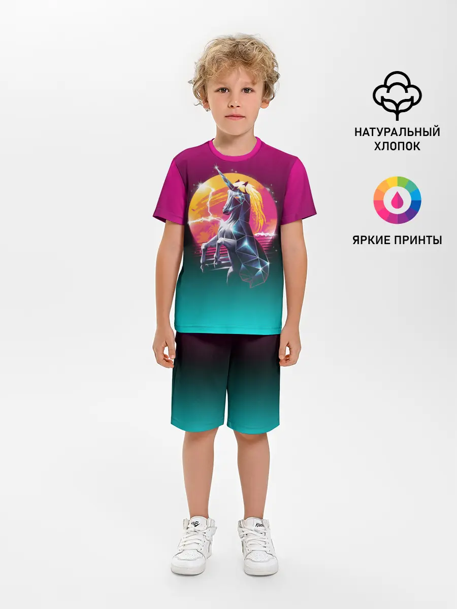 Детская пижама с шортами / РЕТРО ЕДИНОРОГ НЕОН