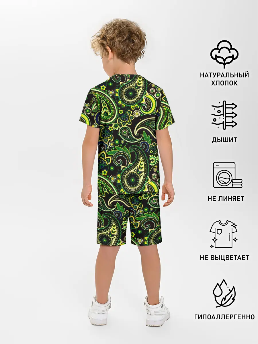 Детская пижама с шортами / Ярко зеленые славянские узоры