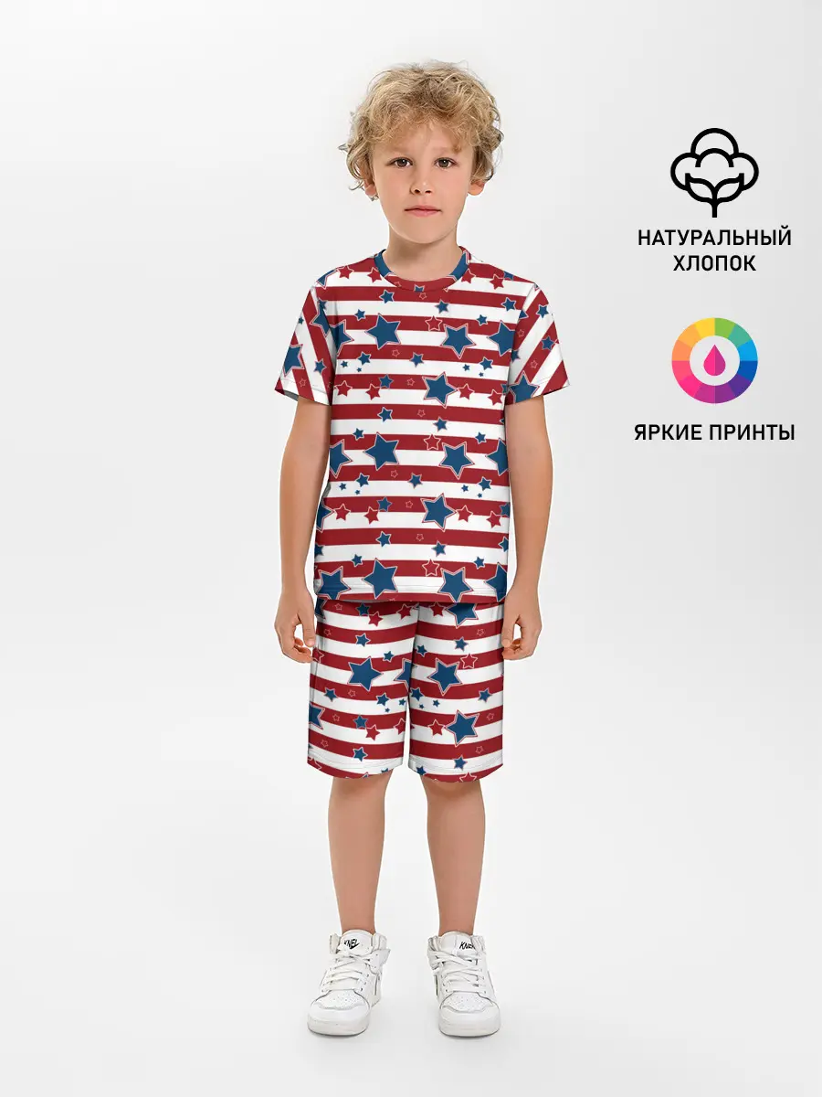 Детская пижама с шортами / Синие звезды на полосатом фоне