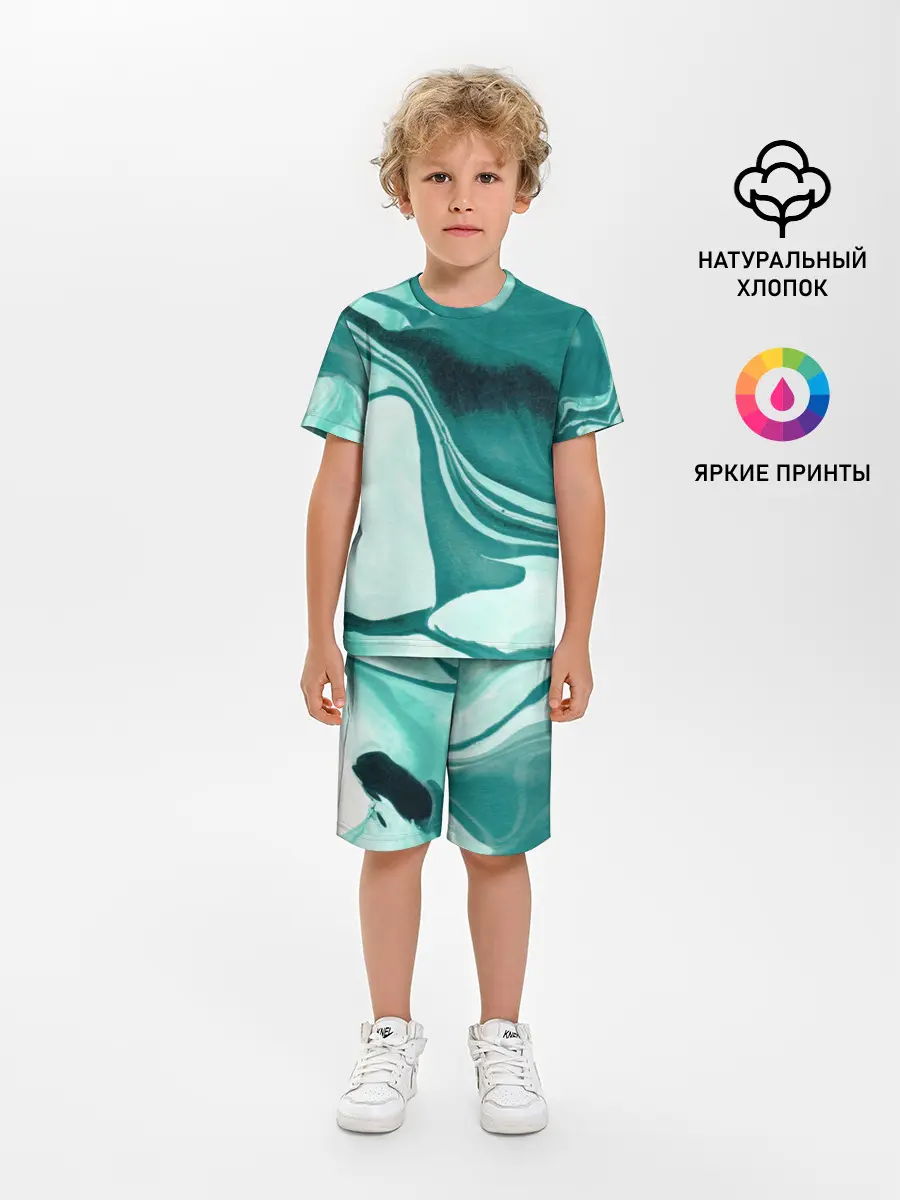 Детская пижама с шортами / красочный зелёный развод