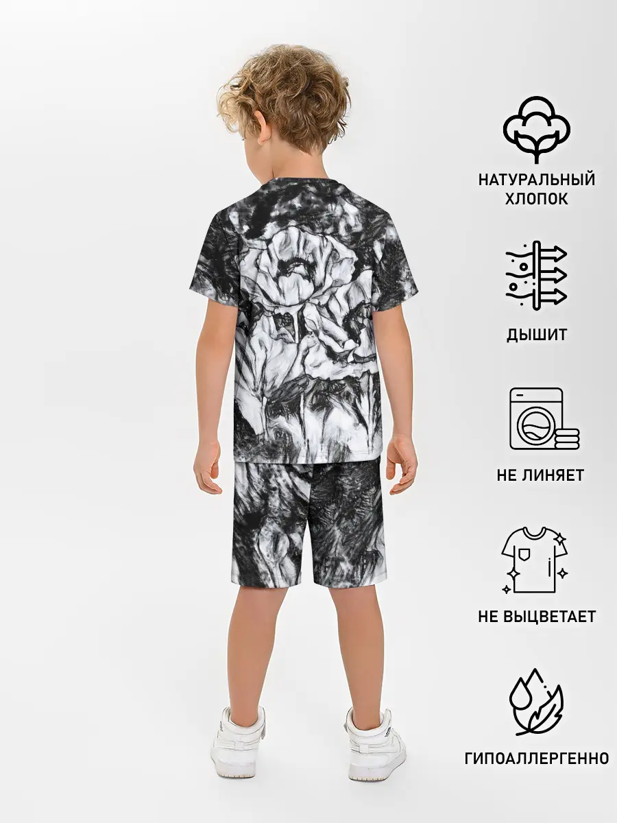 Детская пижама с шортами / Черно-белый узор. Маки.