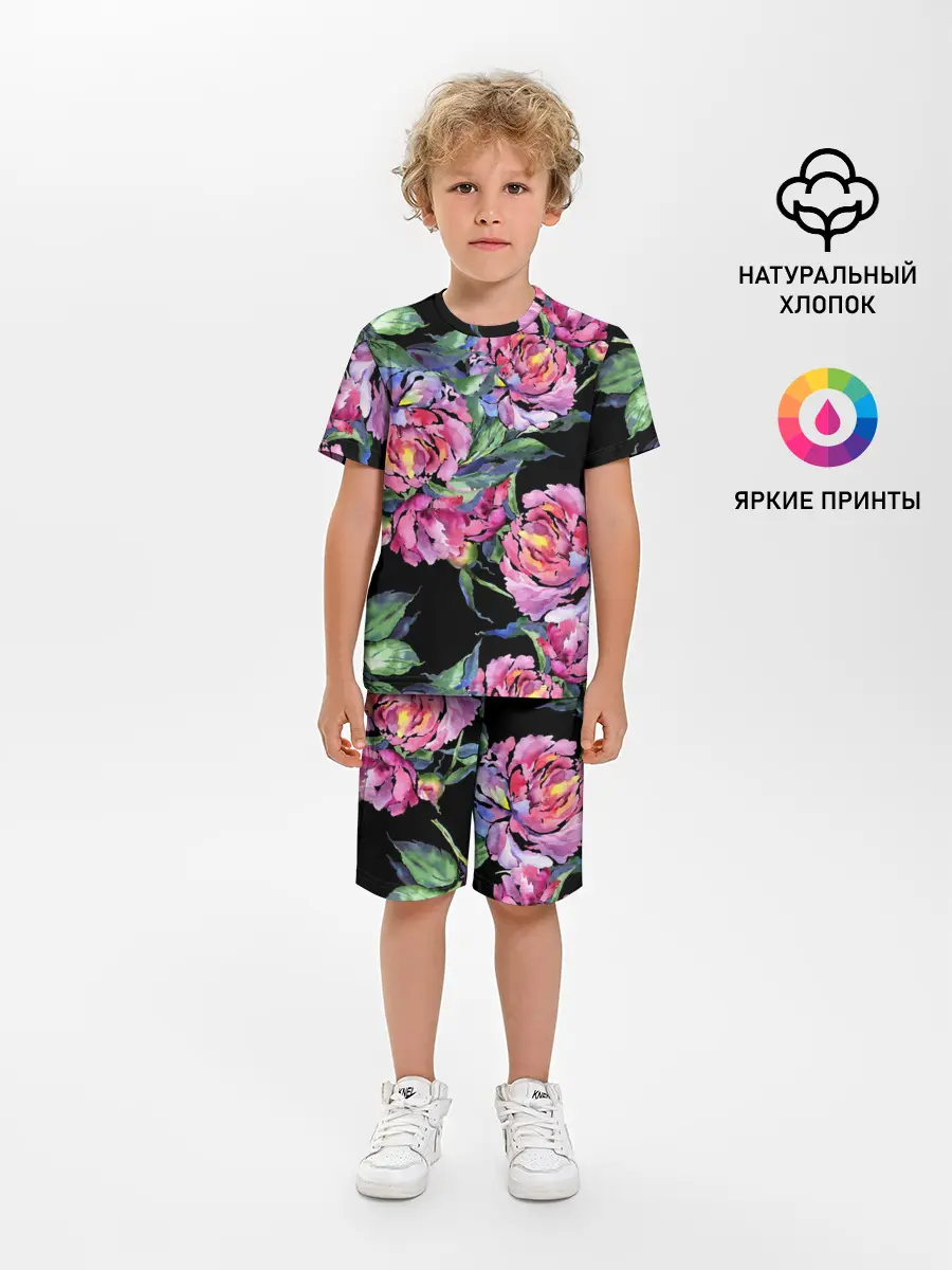 Детская пижама с шортами / Розовые пионы