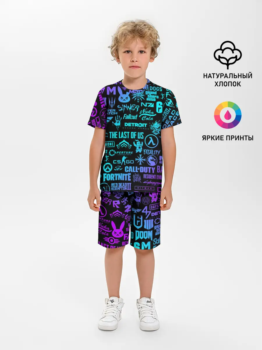 Детская пижама с шортами / ЛОГОТИПЫ ИГР НЕОН / NEON GAMES LOGO