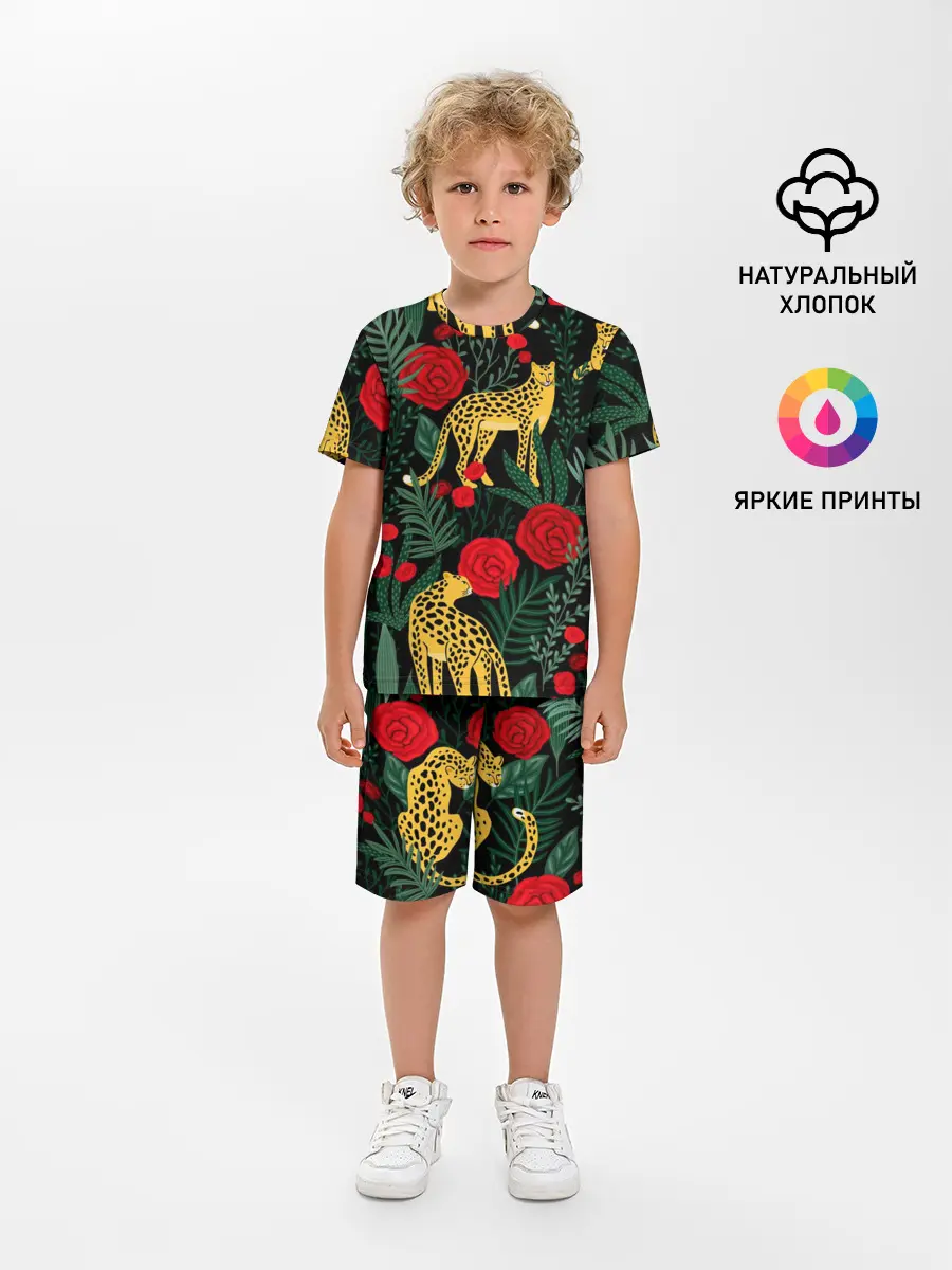 Детская пижама с шортами / Леопарды и цветы