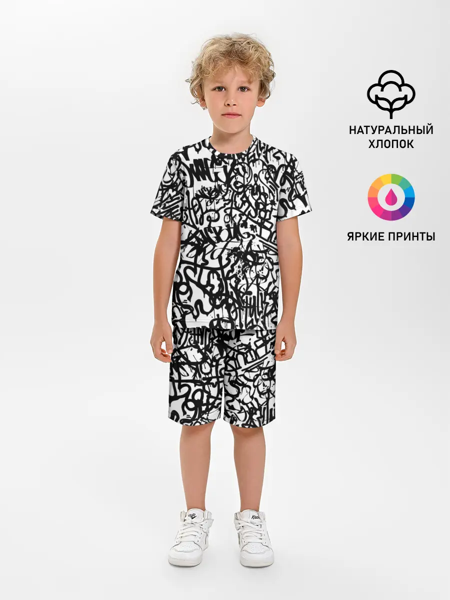 Детская пижама с шортами / Graffiti black on white