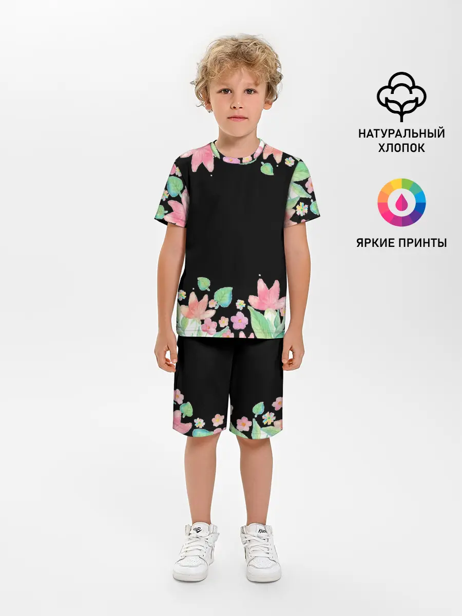 Детская пижама с шортами / Рамка из розовых и зеленых листьев