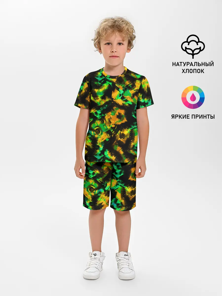 Детская пижама с шортами / Абстрактный желто-зеленый узор