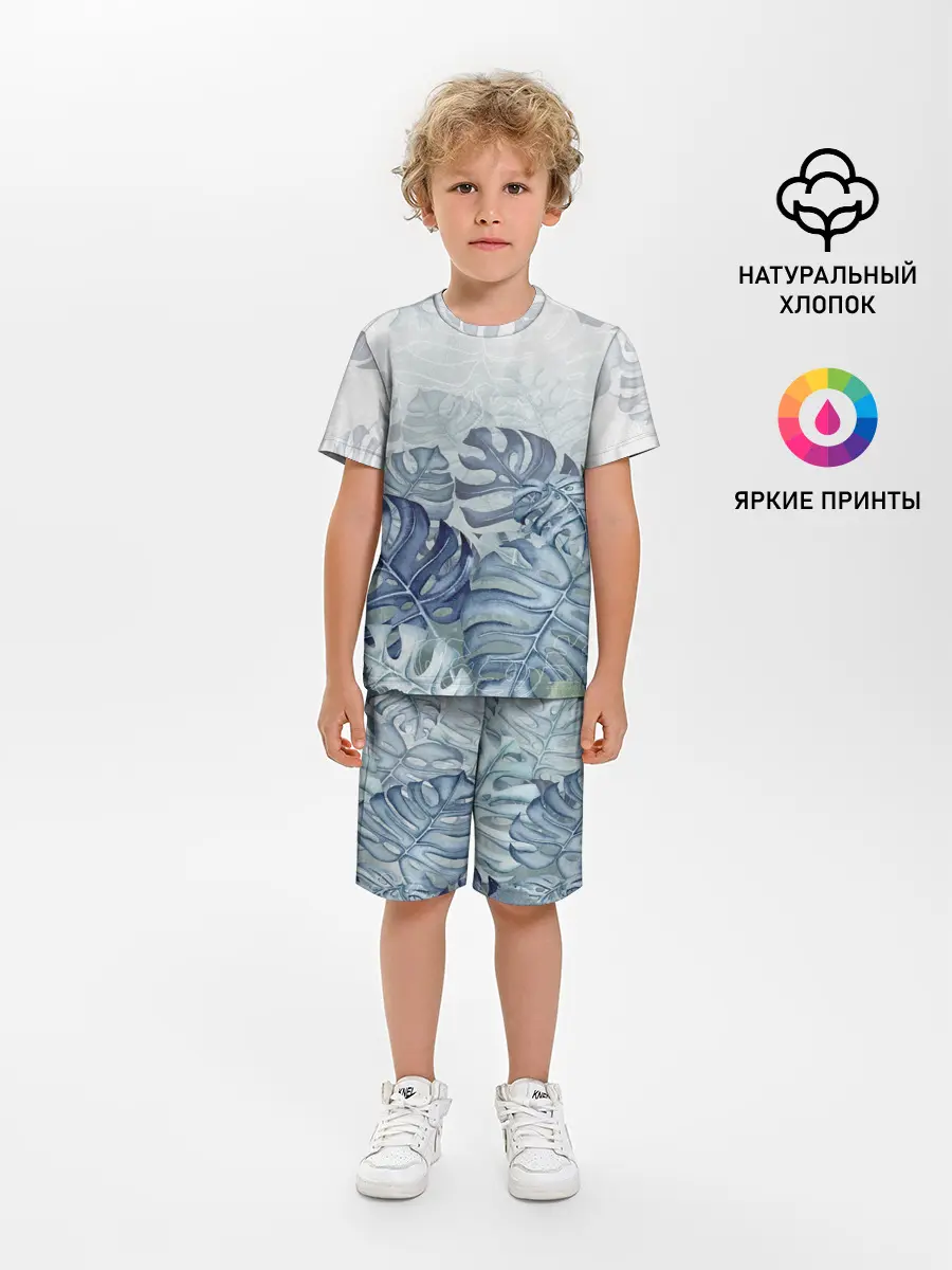 Детская пижама с шортами / Синие листья