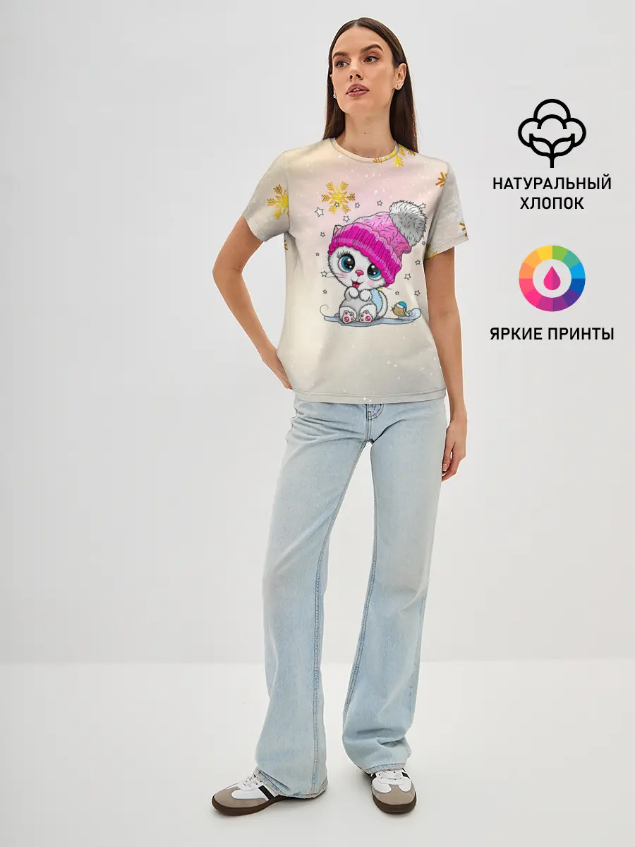 Женская базовая футболка / Новогодний кот