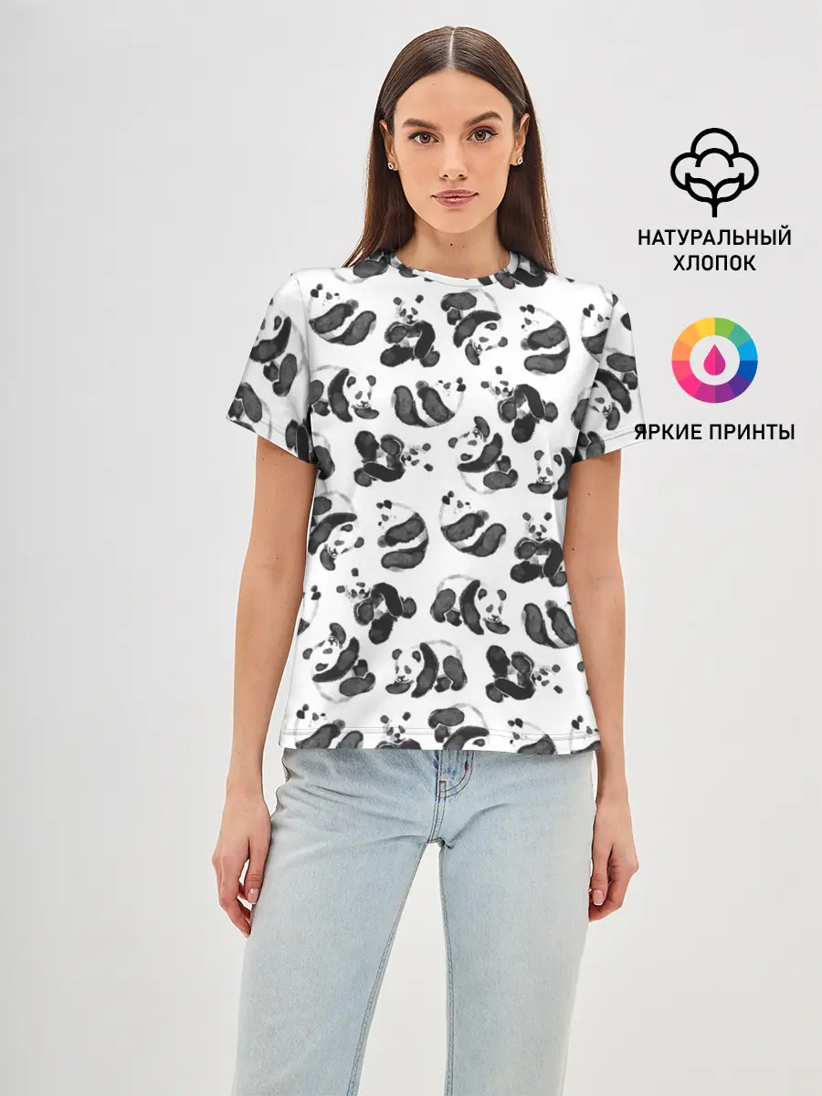 Женская базовая футболка / Акварельные панды паттерн