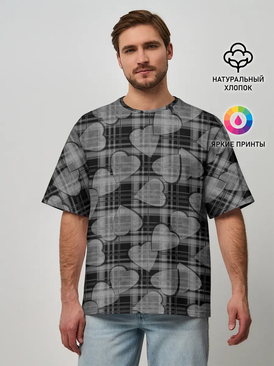 Мужская футболка оверсайз / Черно-серый клетчатый узор