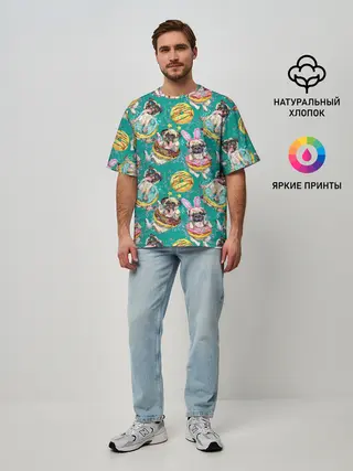 Мужская футболка оверсайз / Мопсы в пончиках