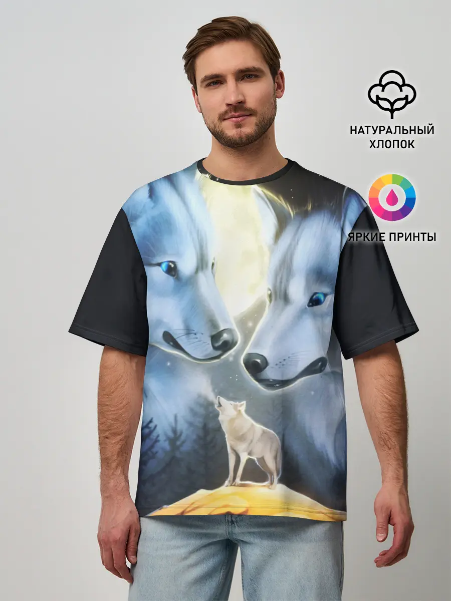 Мужская футболка оверсайз / ВОЛК В НОЧИ