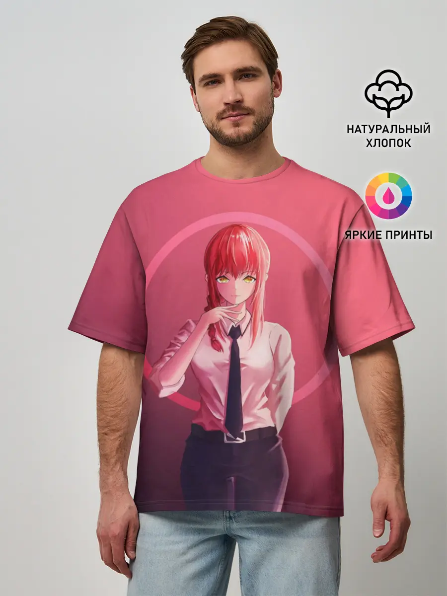 Мужская футболка оверсайз / Макима на красном фоне