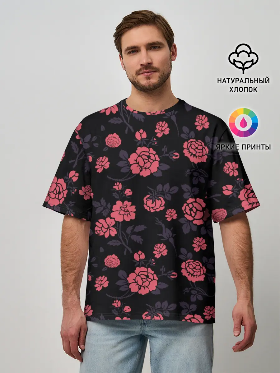 Мужская футболка оверсайз / Ночные розы