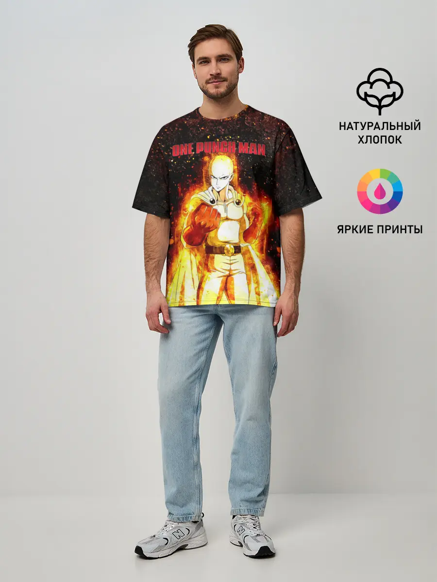 Мужская футболка оверсайз / Сайтама в огне | One Punch-Man