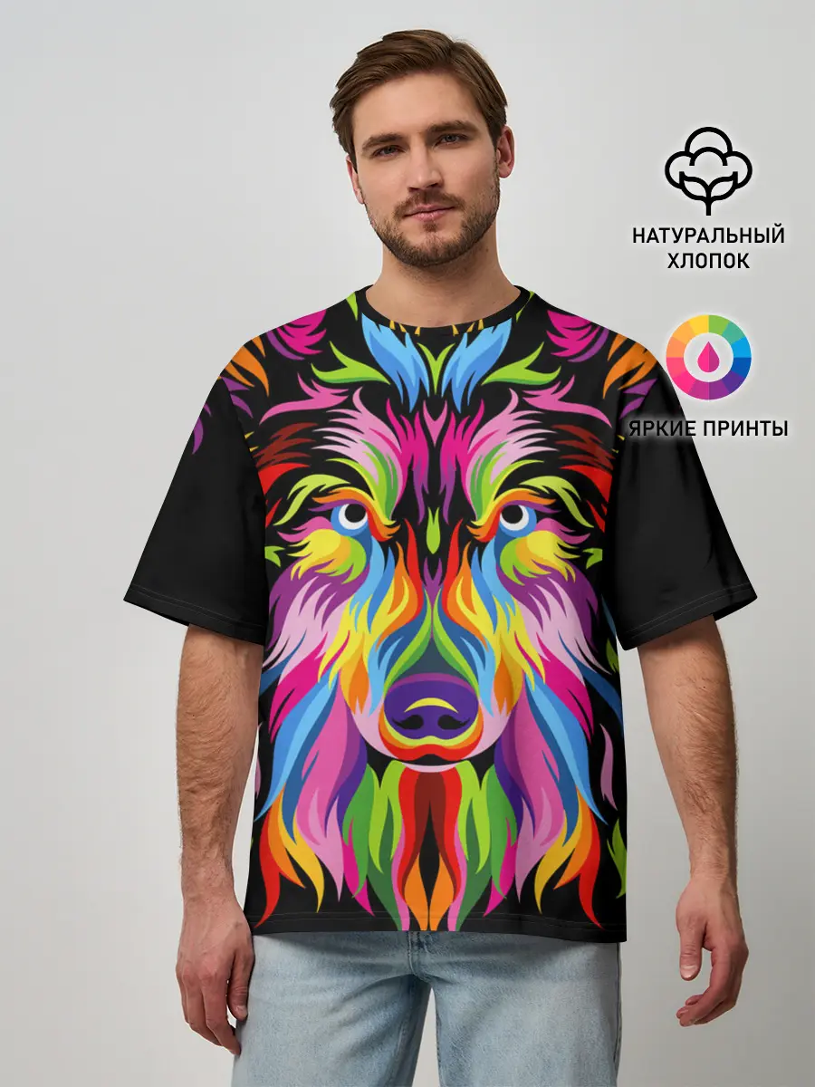 Мужская футболка оверсайз / Neon wolf