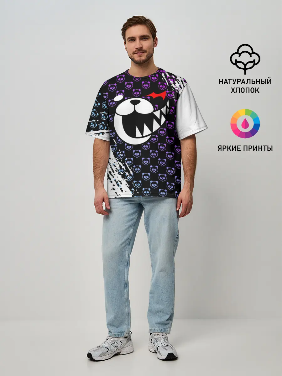 Мужская футболка оверсайз / Монокума на фиолетовом паттерне