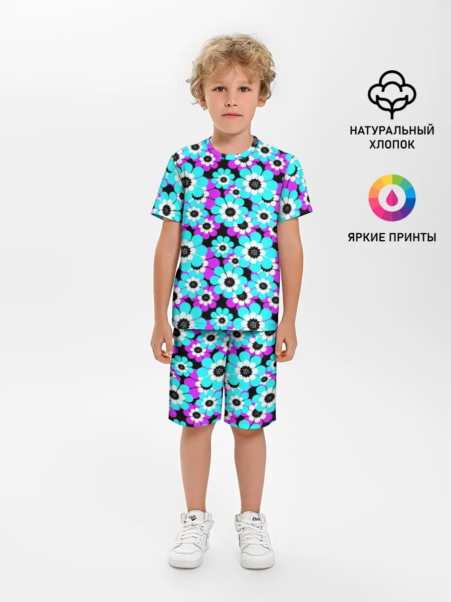 Детская пижама с шортами / Яркие бирюзовые цветы