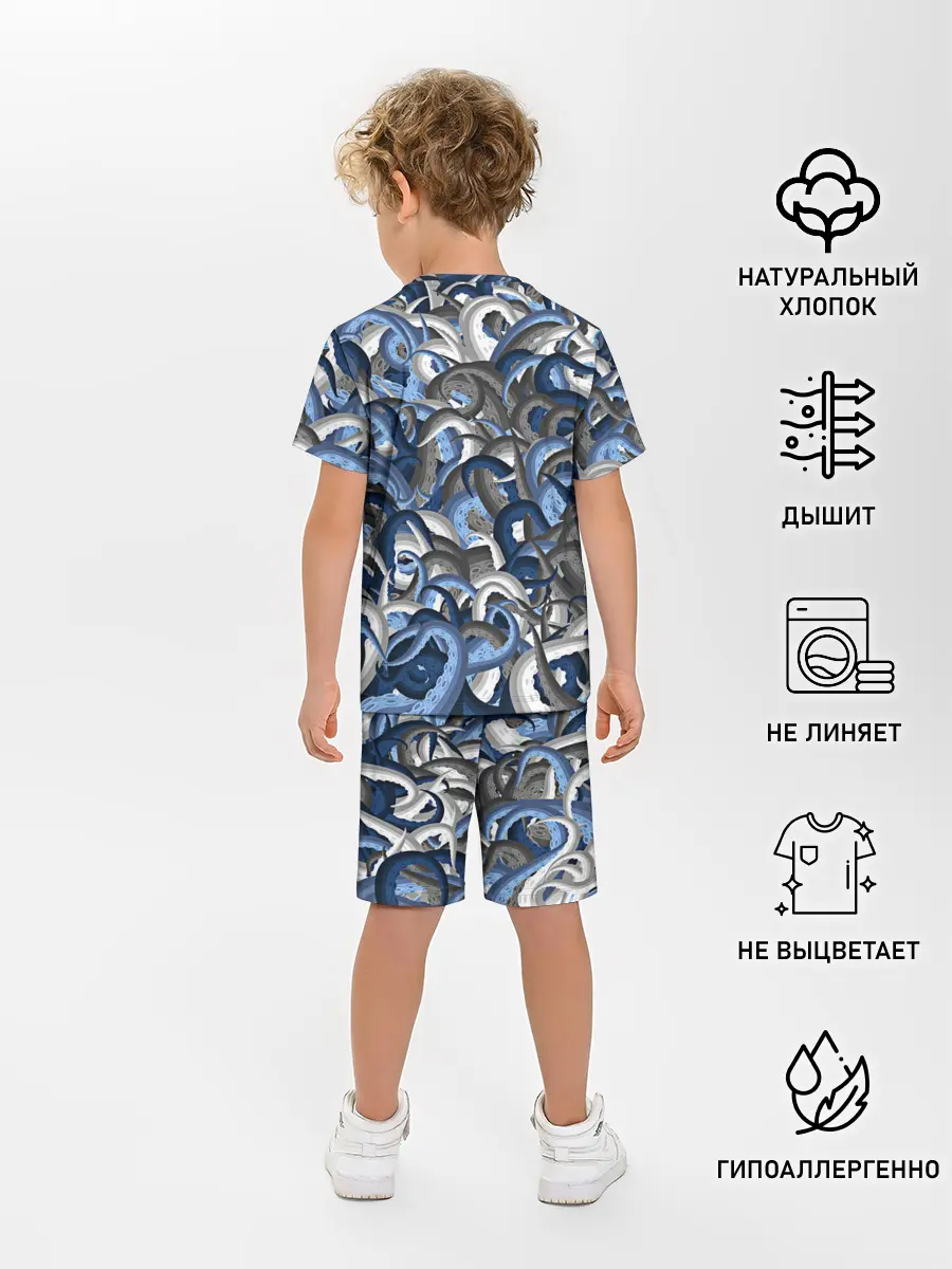 Детская пижама с шортами / Синий камуфляж с щупальцами