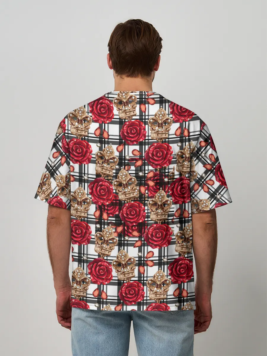 Мужская футболка оверсайз / Розы в клеточку