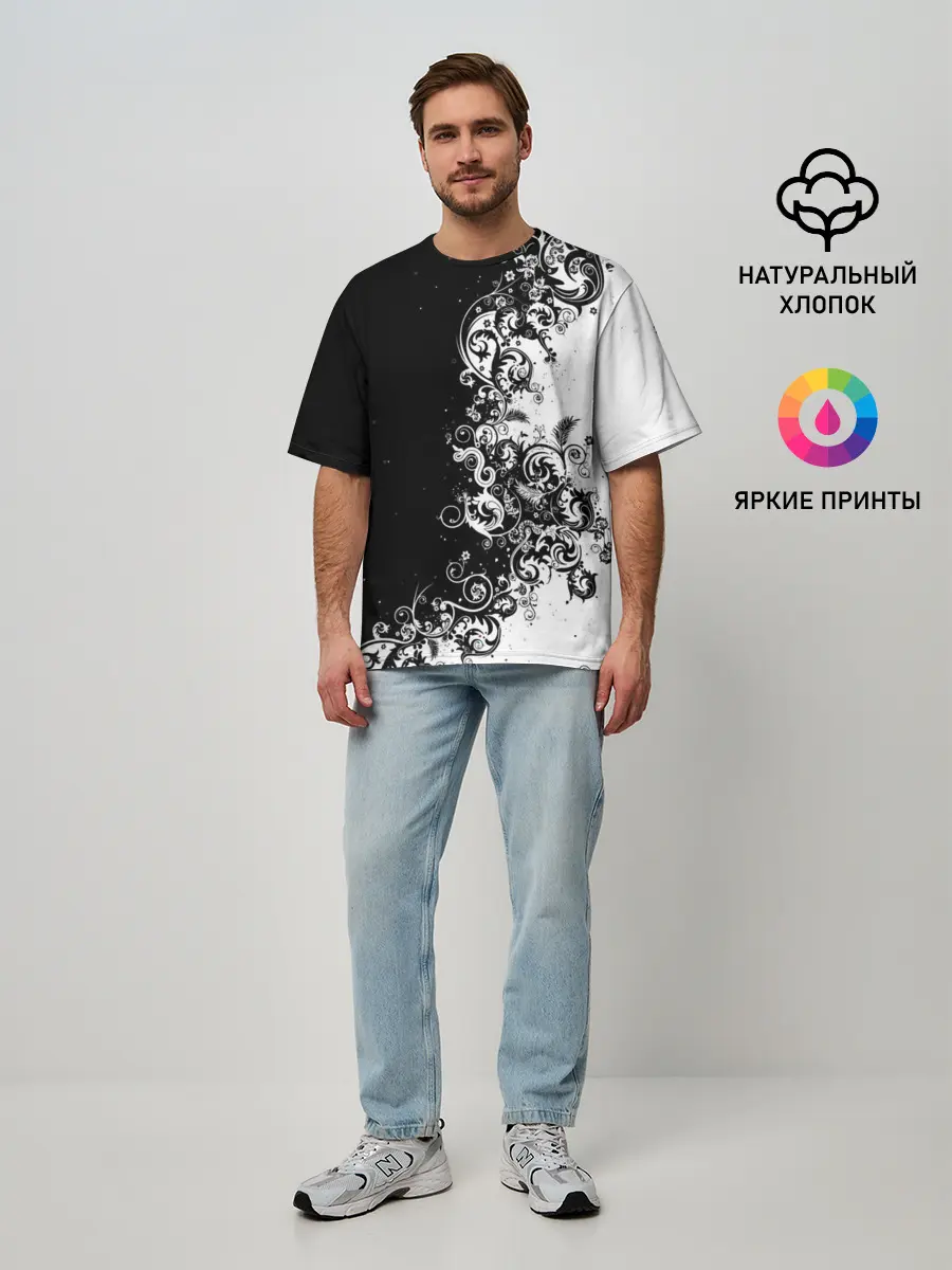 Мужская футболка оверсайз / Черно-белый узор.