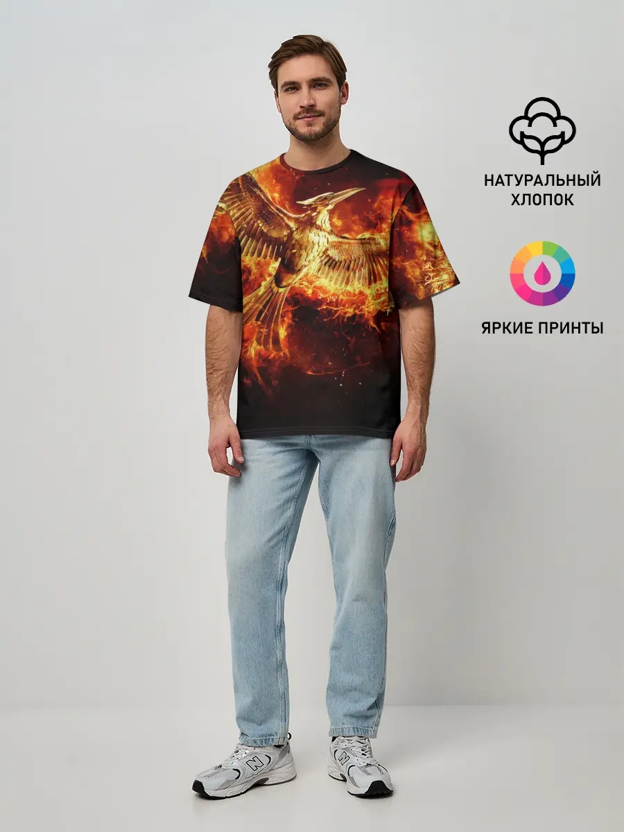Мужская футболка оверсайз / Феникс в огне