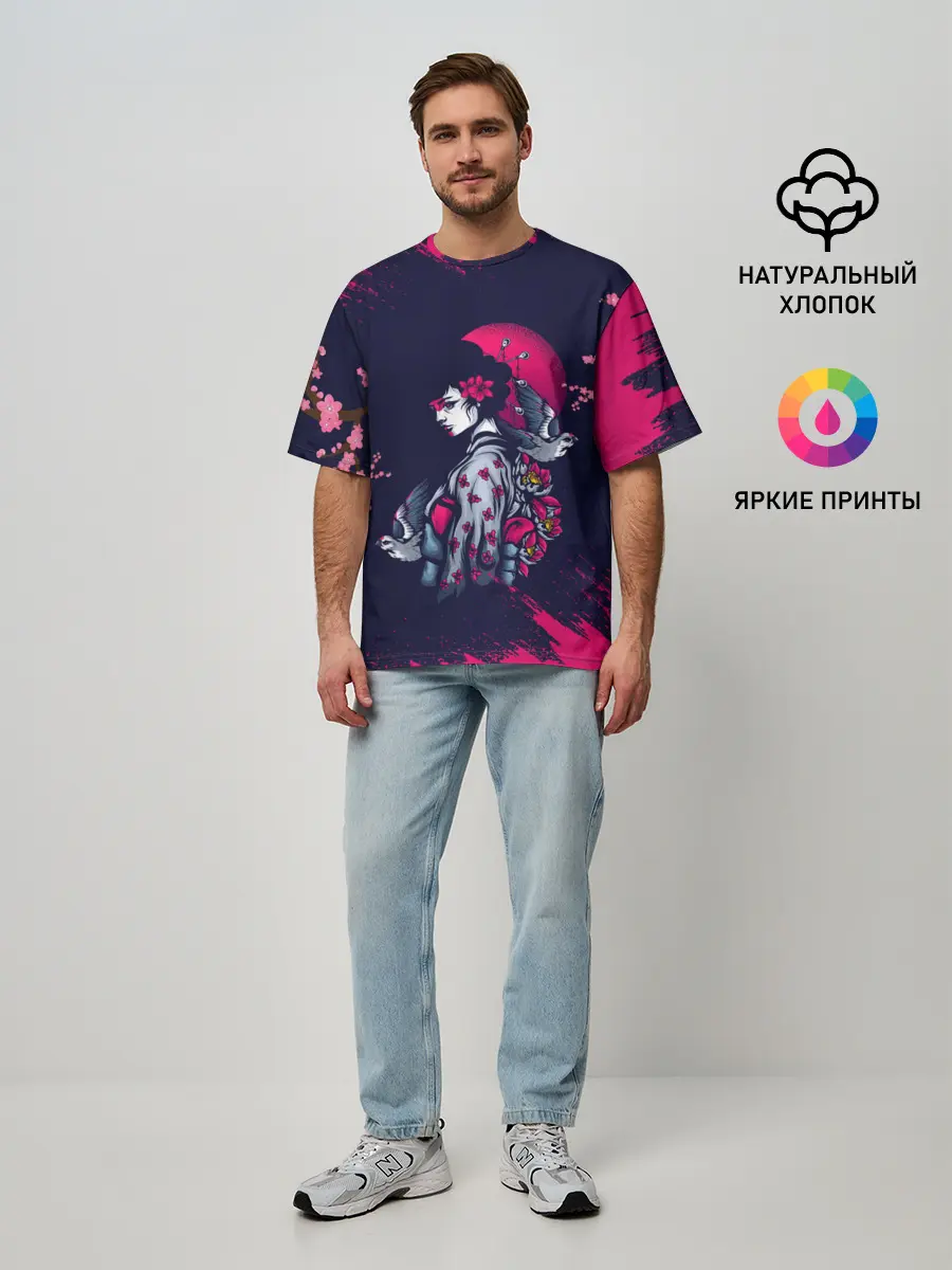 Мужская футболка оверсайз / ДЕВУШКА В КИМОНО И ПТИЦАМИ