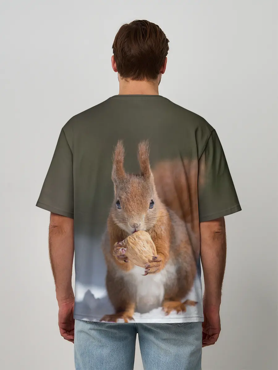Мужская футболка оверсайз / белка с орехом на снегу