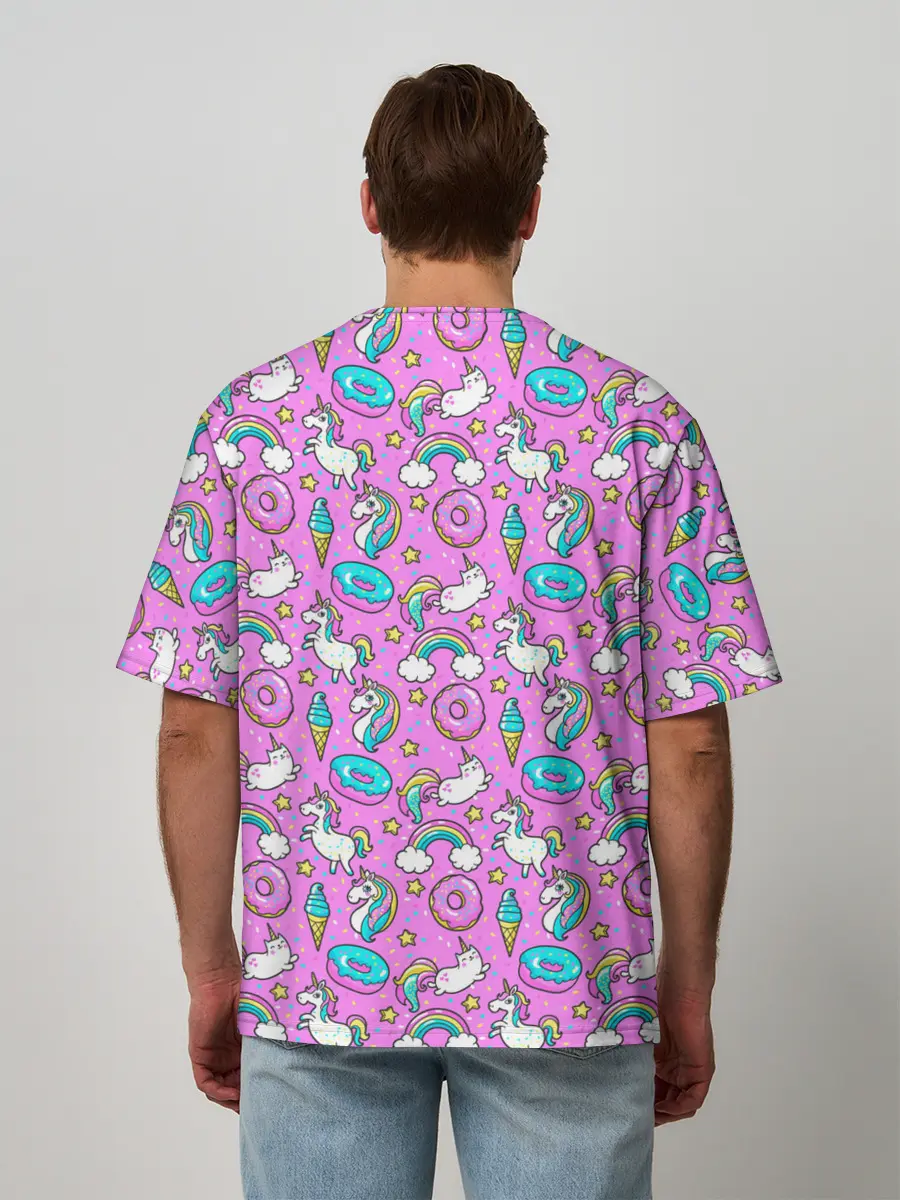 Мужская футболка оверсайз / Единороги и пончики