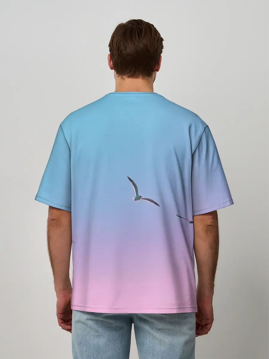 Мужская футболка оверсайз / чайки птицы полет градиент