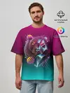 Мужская футболка оверсайз / RETRO CYBER BEAR NEON