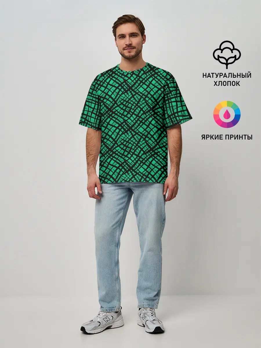 Мужская футболка оверсайз / Абстрактный зелено-черный узор