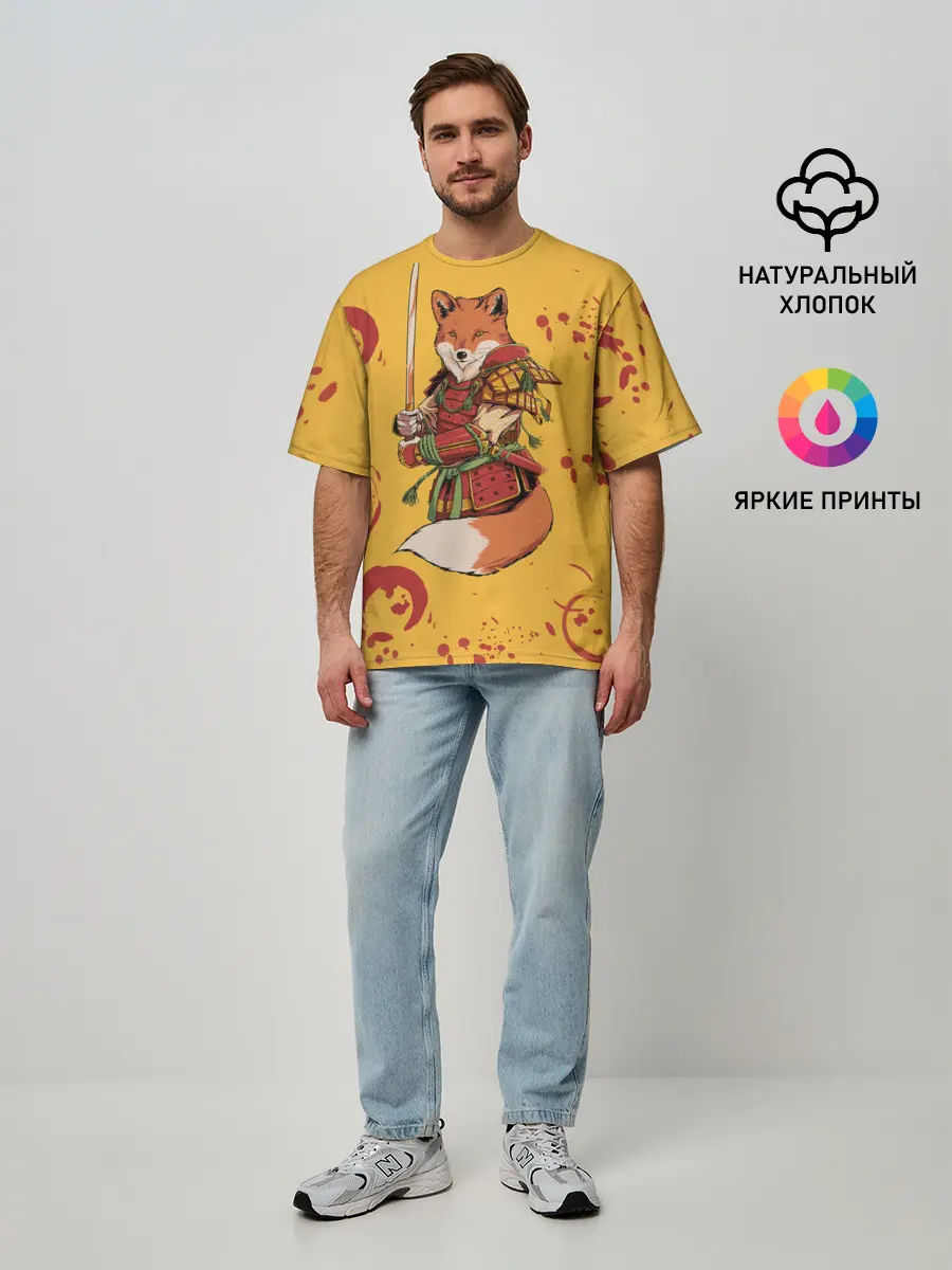 Мужская футболка оверсайз / Лис Самурай