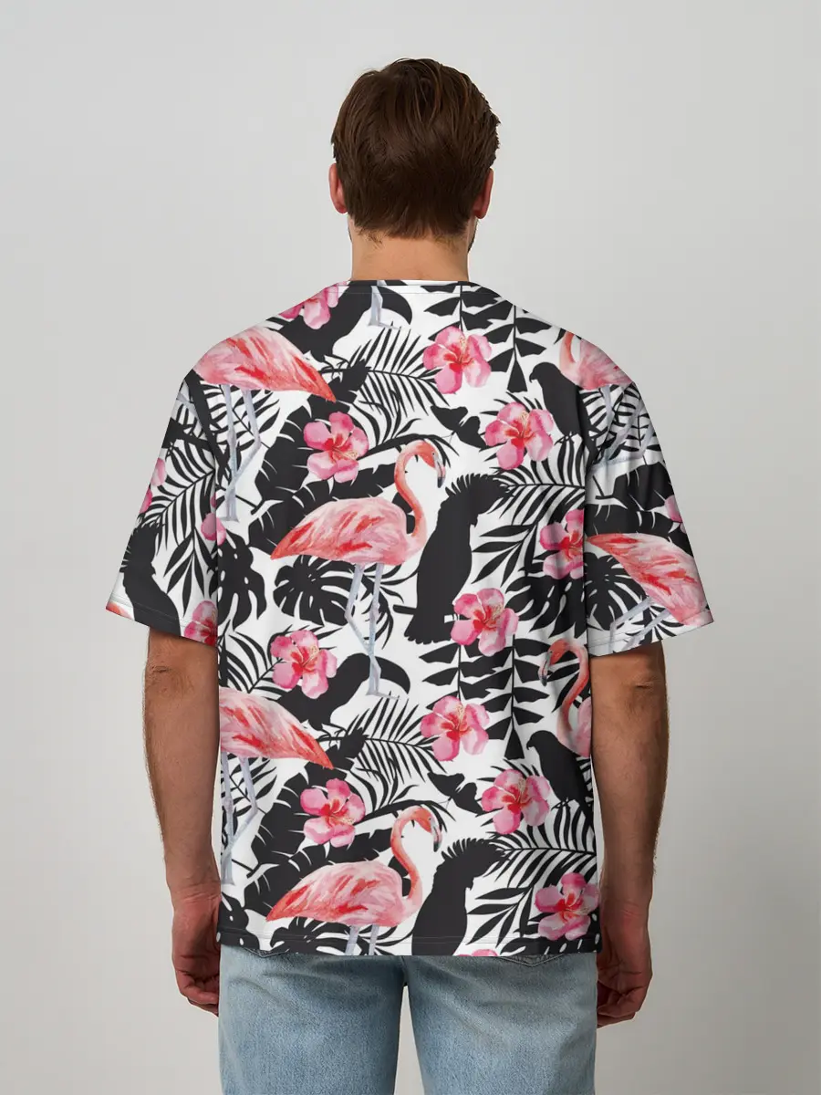 Мужская футболка оверсайз / фламинго и попугаи