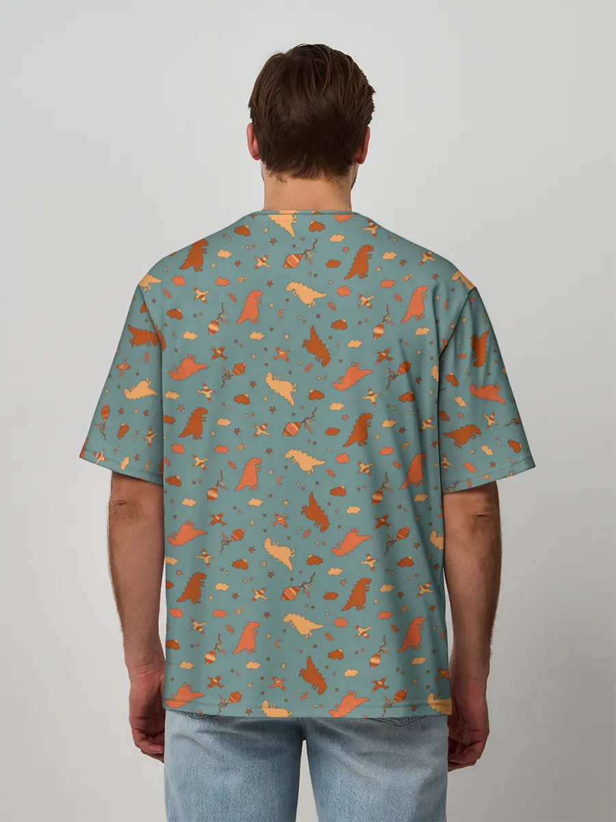 Мужская футболка оверсайз / детский принт с динозаврами и звездами