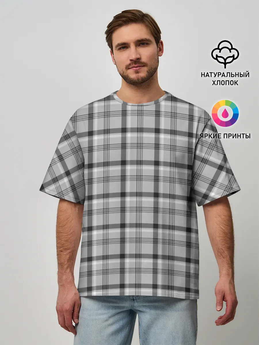 Мужская футболка оверсайз / Черная клеточка