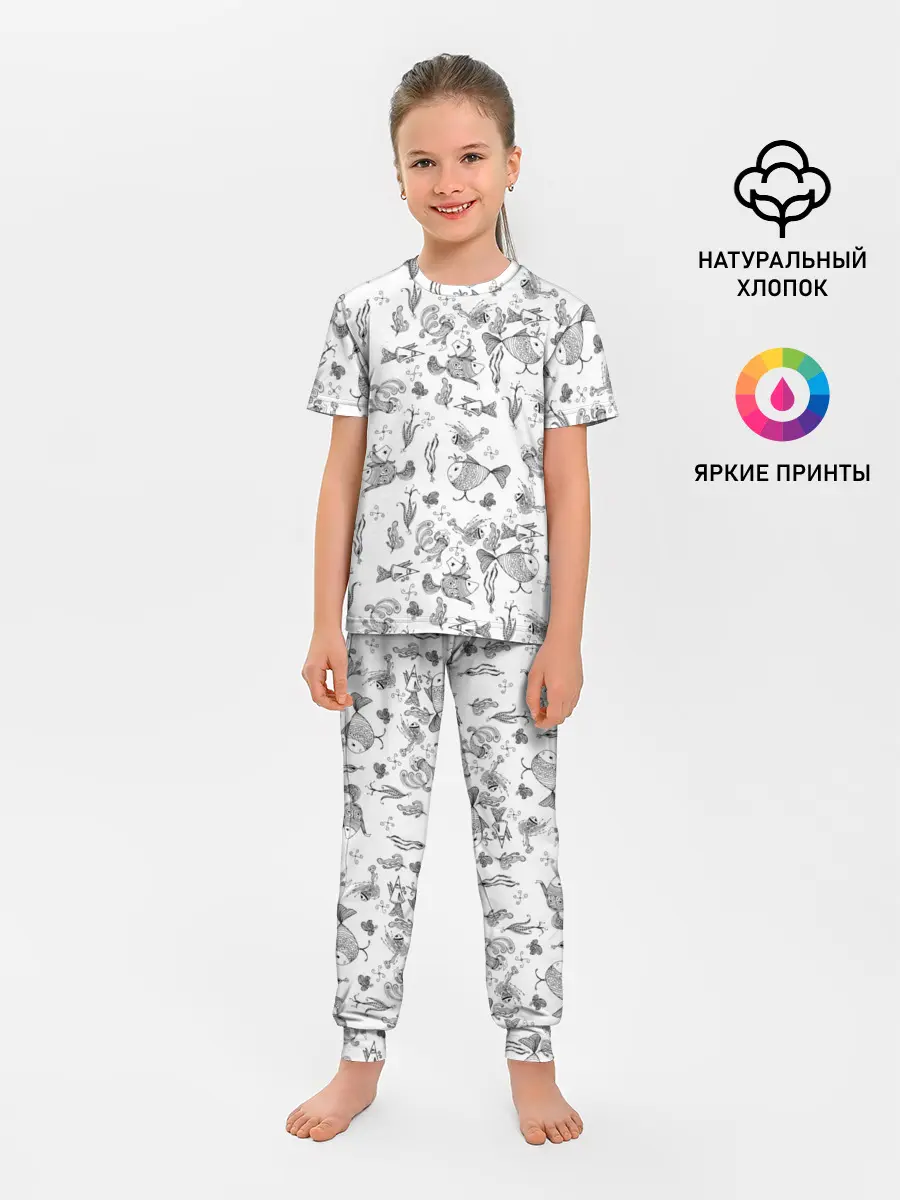 Детская пижама с брюками / Рисованные сказочные рыбки