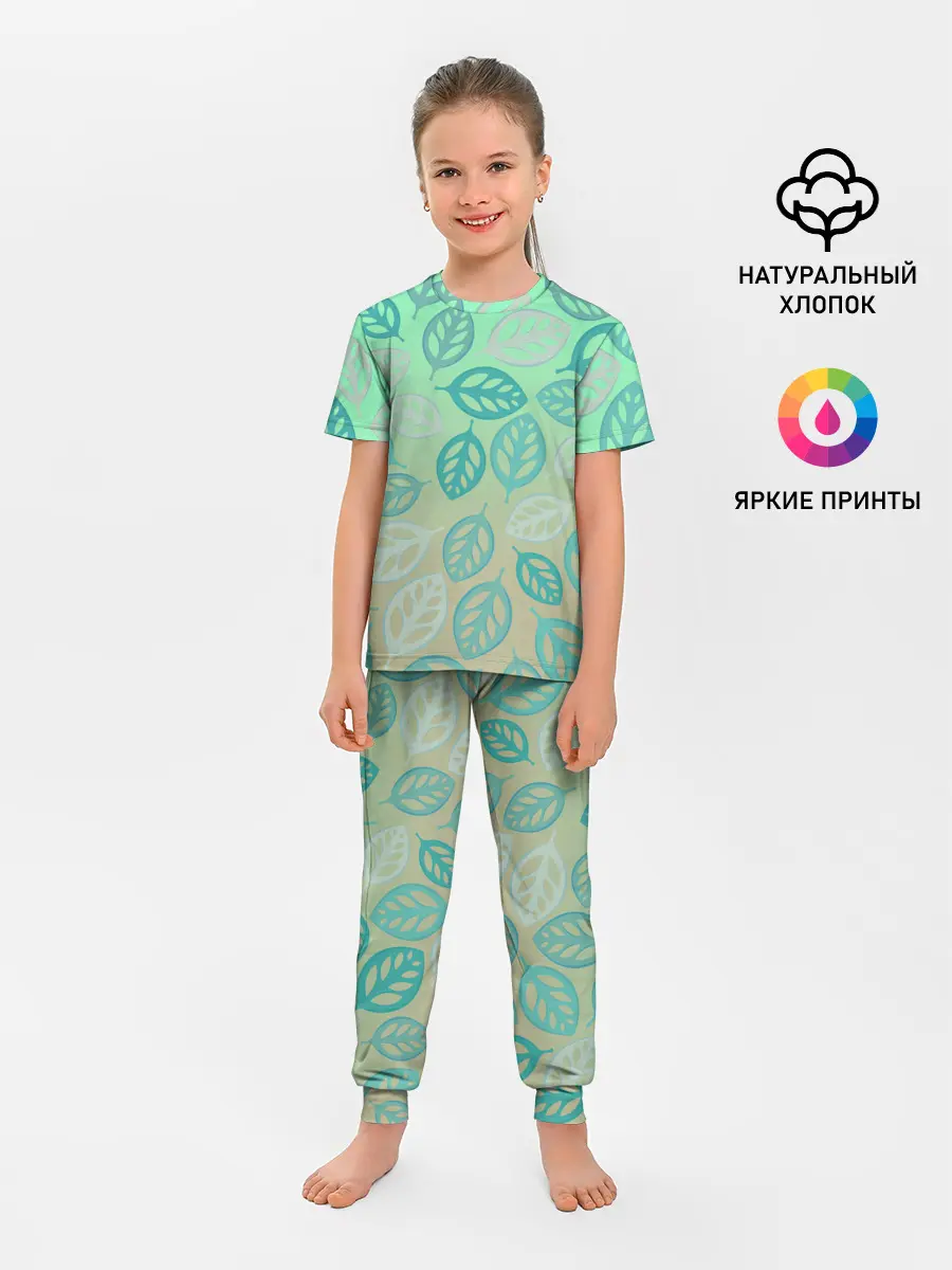 Детская пижама с брюками / узор из листиков