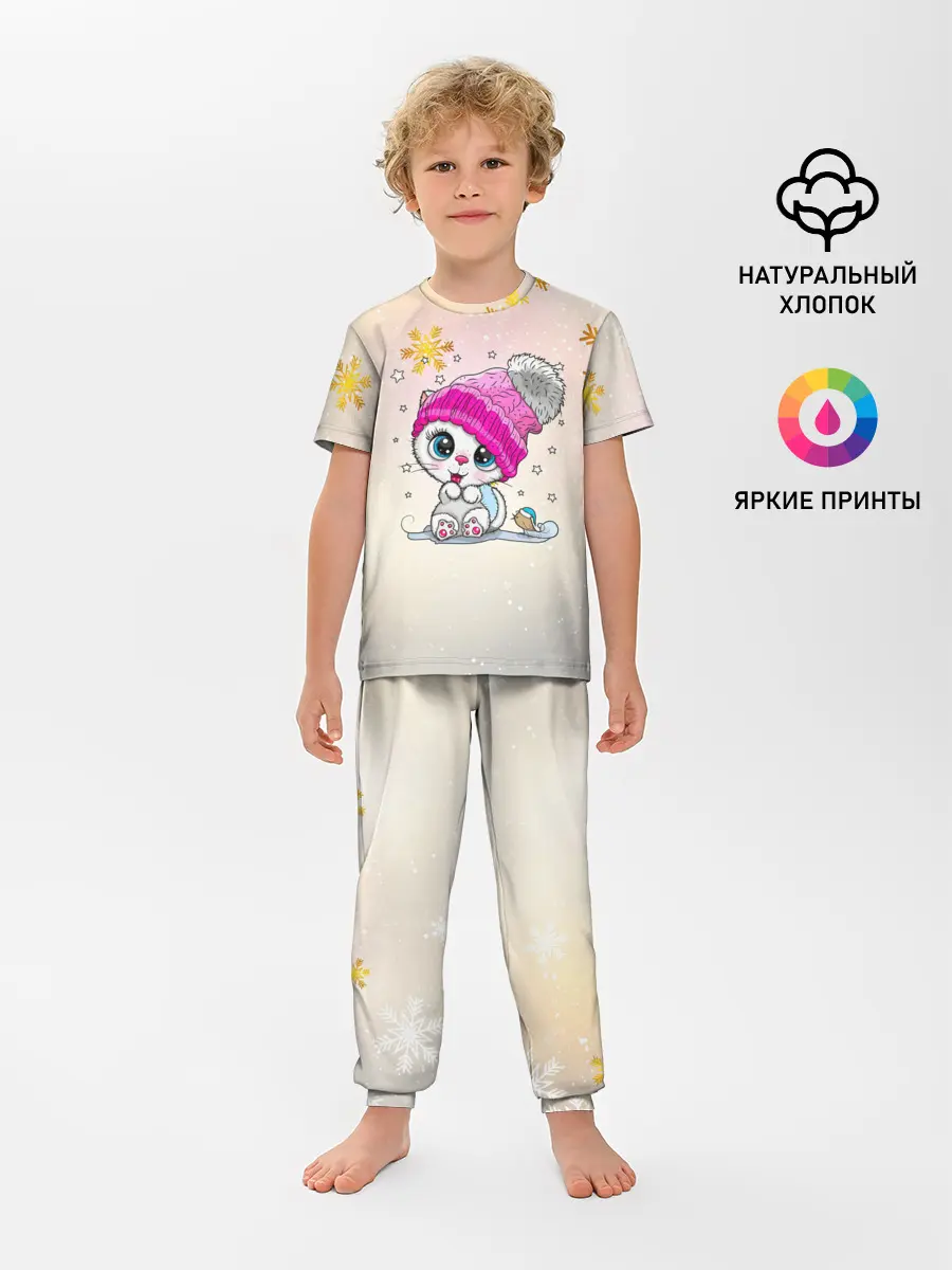 Детская пижама с брюками / Новогодний кот