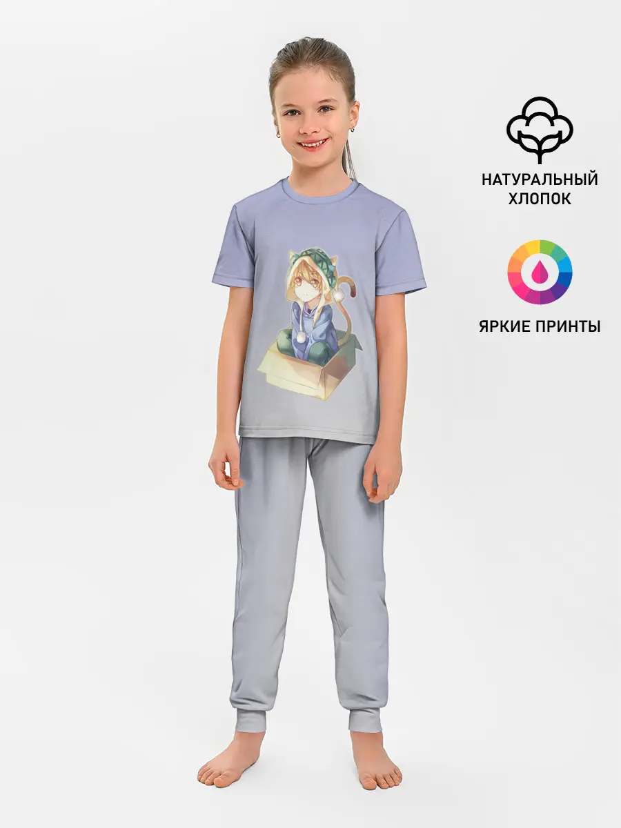 Детская пижама с брюками / мальчик кот в коробке уши мяу