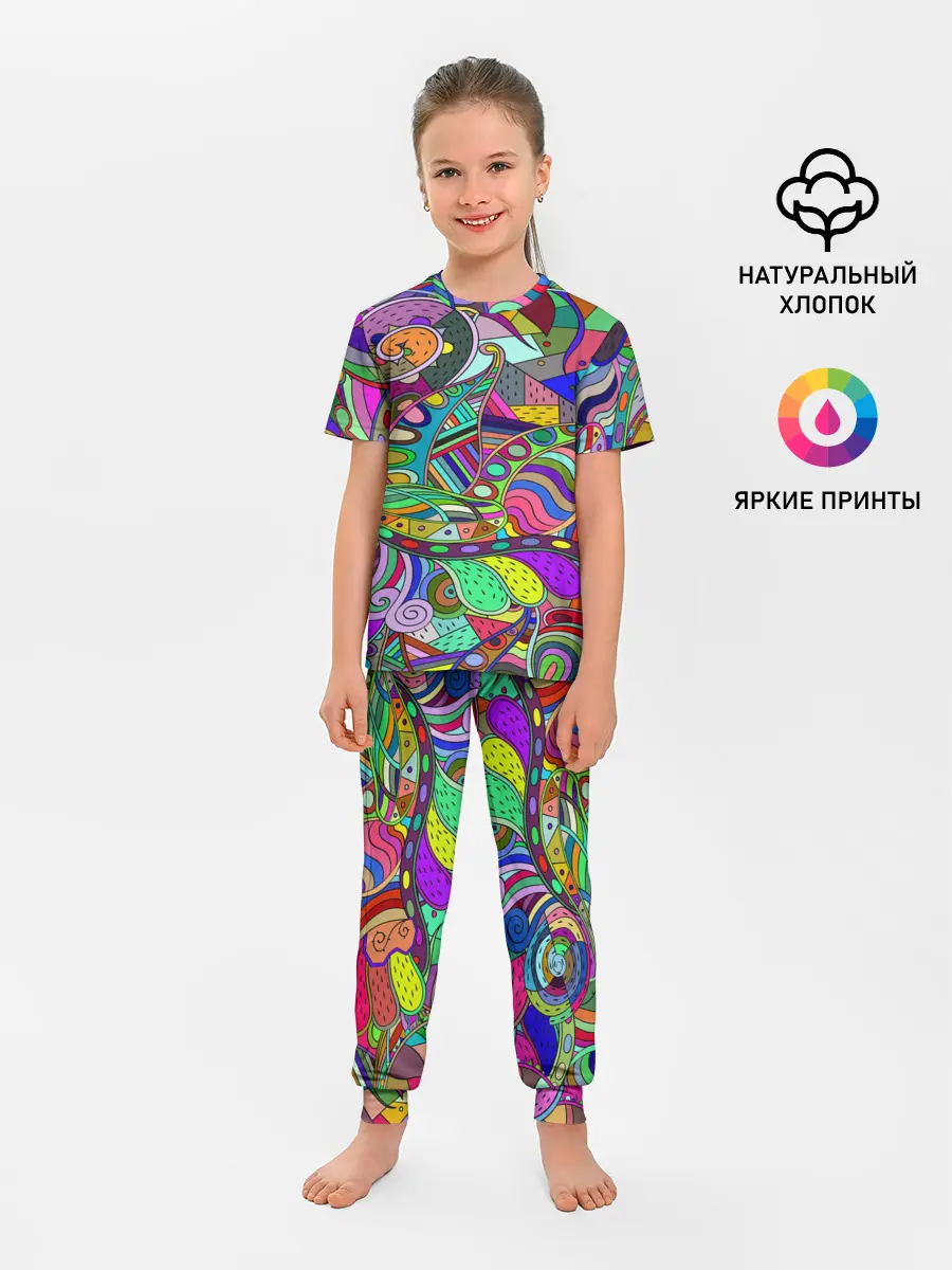 Детская пижама с брюками / Дудлы узор разноцветный хиппи
