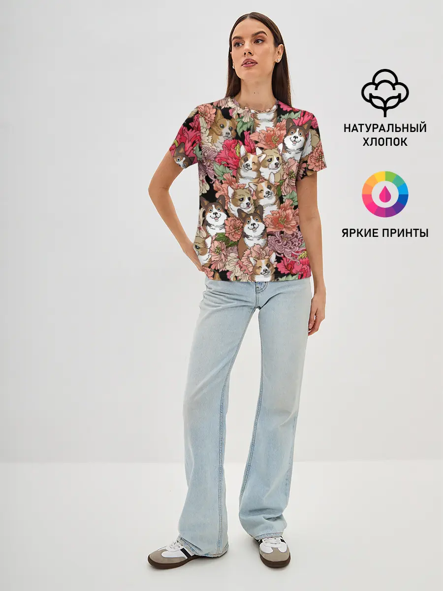 Женская базовая футболка / Корги & Цветы