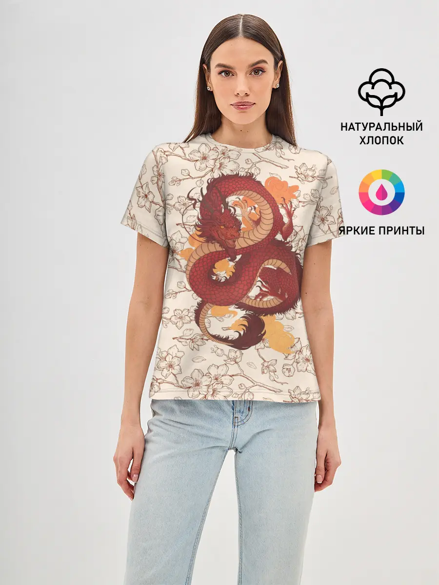 Женская базовая футболка / Китайский Дракон и Сакура