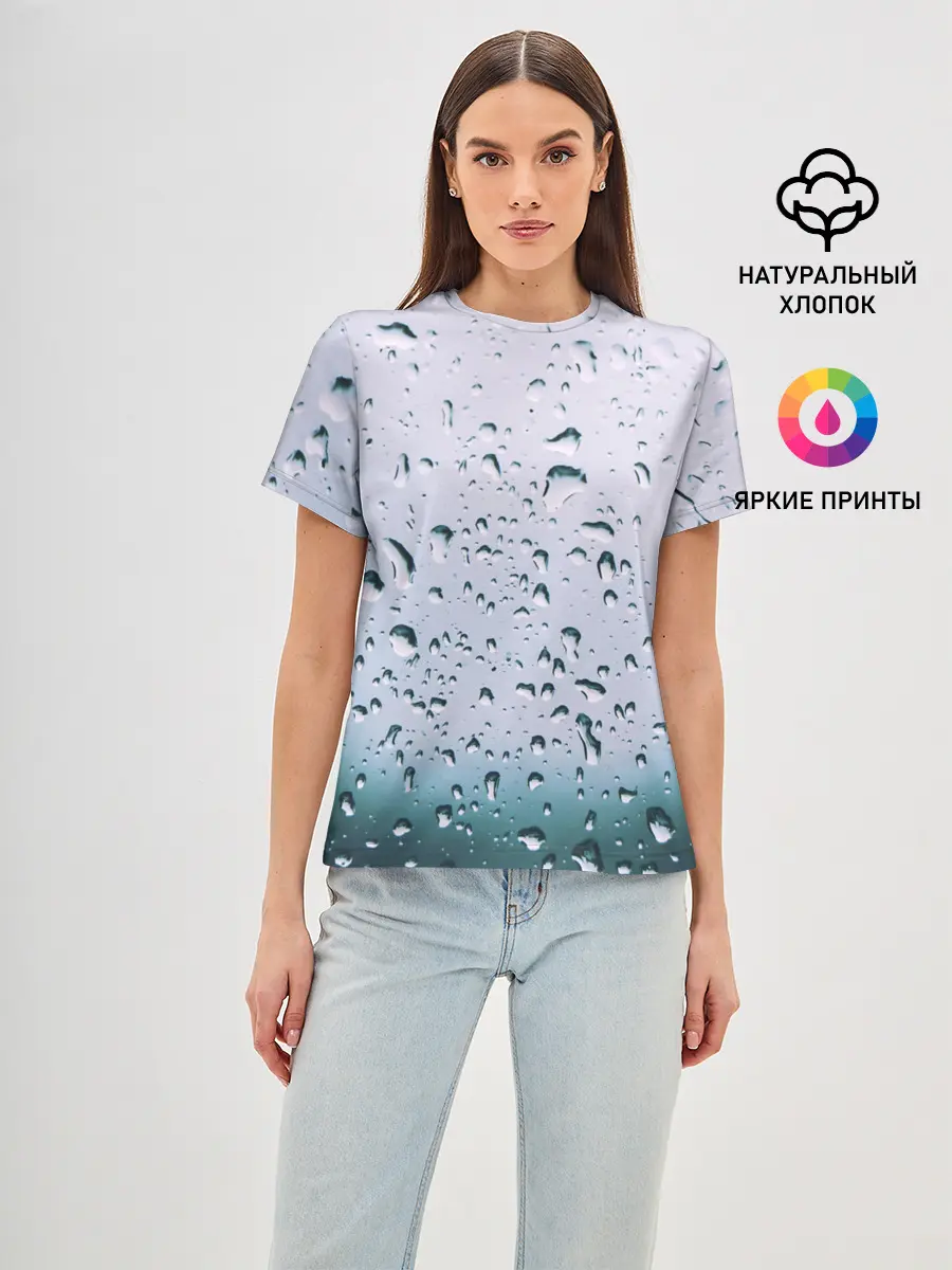 Женская базовая футболка / Капли окно стекло дождь серо
