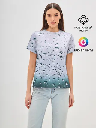 Женская базовая футболка / Капли окно стекло дождь серо