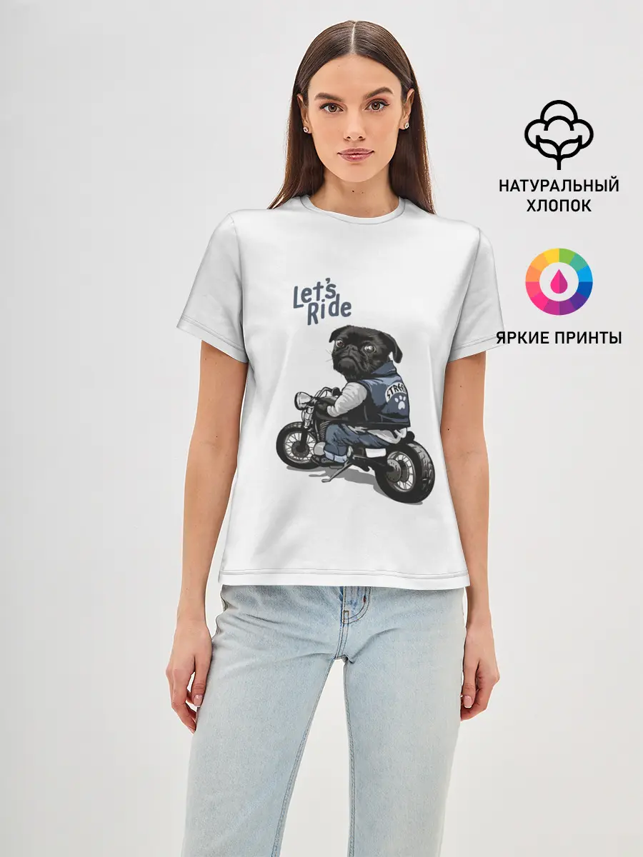 Женская базовая футболка / Pug Rider | Байкер Мопс