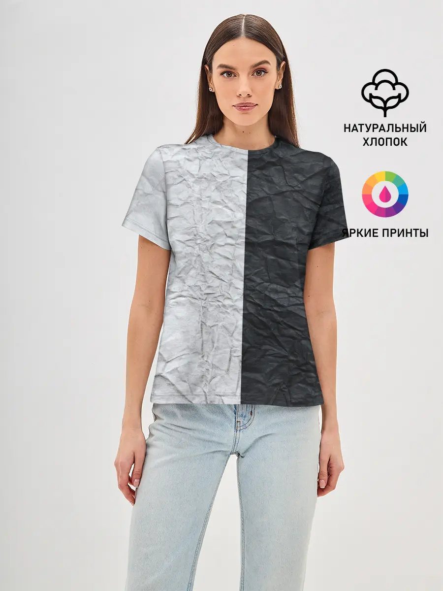 Женская базовая футболка / Мятая Черно-Белая Бумага