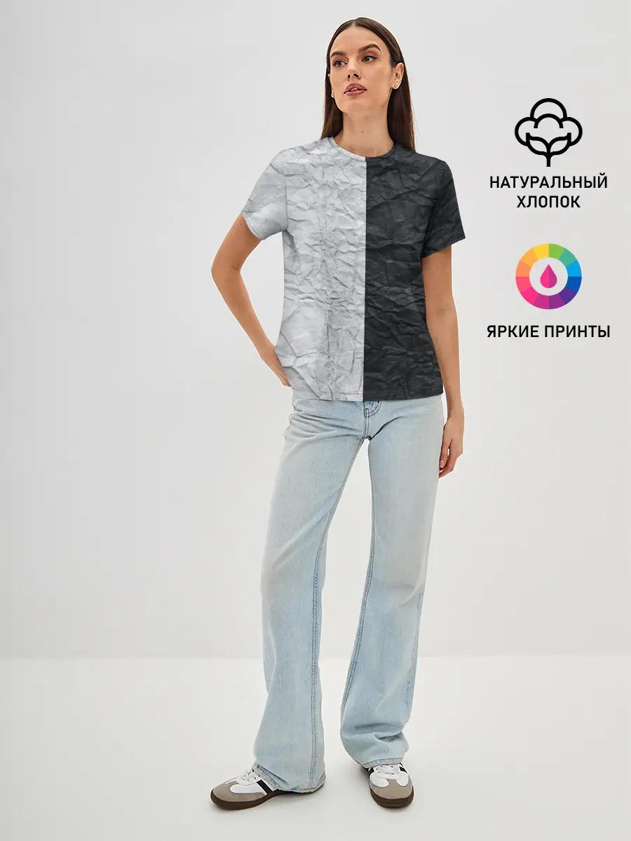 Женская базовая футболка / Мятая Черно-Белая Бумага